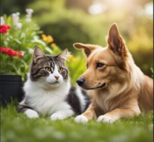 A dog and cat laying in the grass next to flowers.