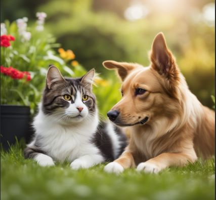 A dog and cat laying in the grass next to flowers.