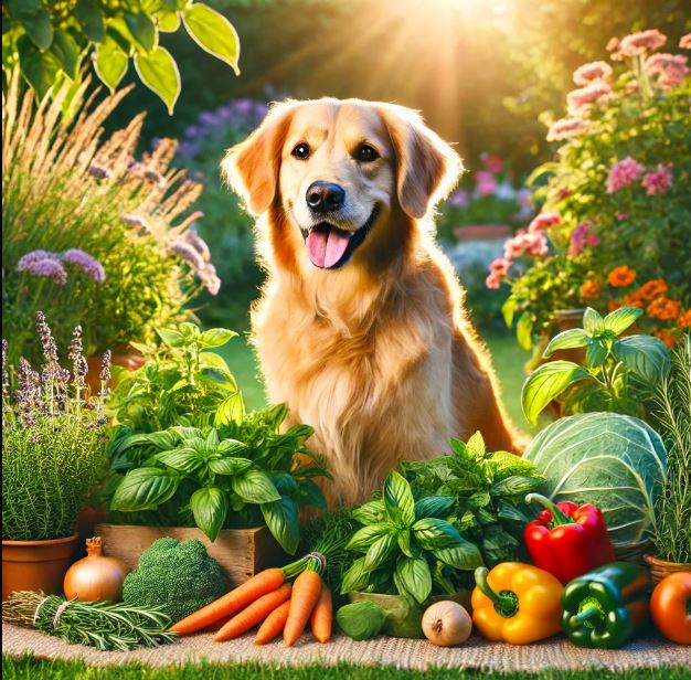 image of a dog lying down surrounded by fresh vegetables and herbs