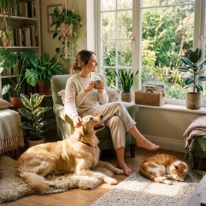 A woman with a cup of tea sitting in a bright lit room with all types of plants around like in an atrium