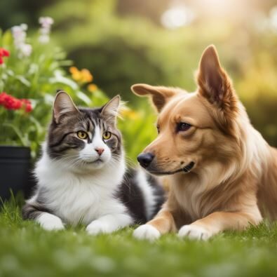 A dog and cat laying in the grass next to flowers.