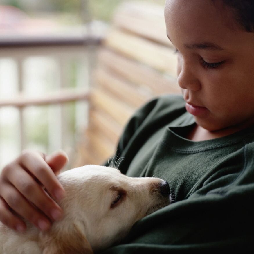 A boy holding onto his dog while he is sitting on the couch.