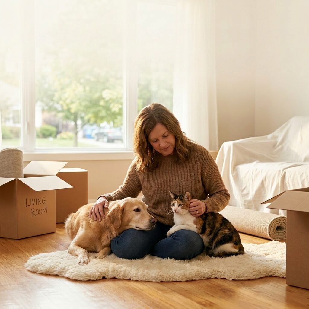 A woman comforting an older dog for a new life transistion