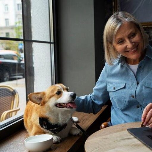 A woman sitting infront of a window with each hand petting a dog